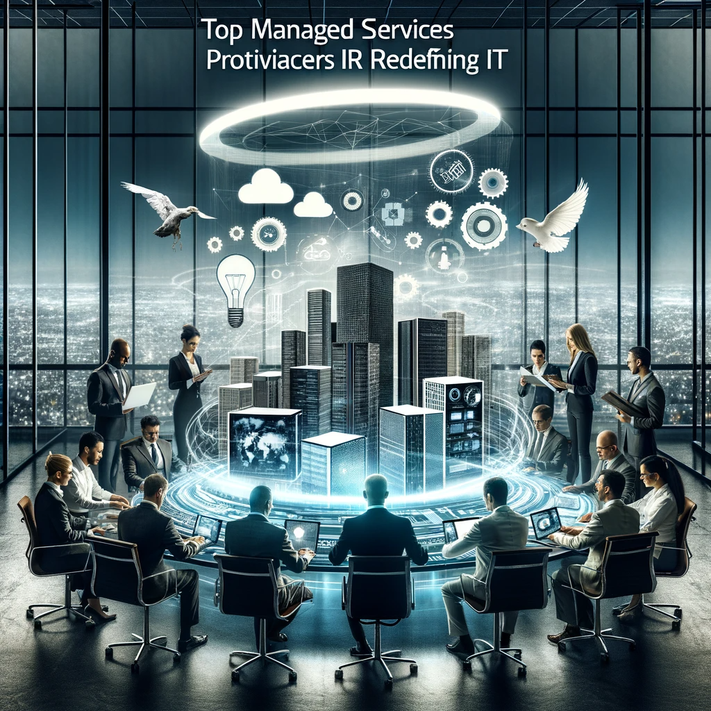 Diverse team of professionals collaboratively working around a high-tech digital table in a modern office, with a futuristic cityscape in the background, symbolizing the success of top managed services providers in IT."