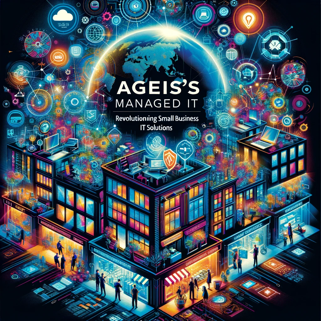 Advertising poster showcasing advanced IT solutions for small businesses, titled 'Aegis Managed IT: Revolutionizing Small Business IT Solutions'.